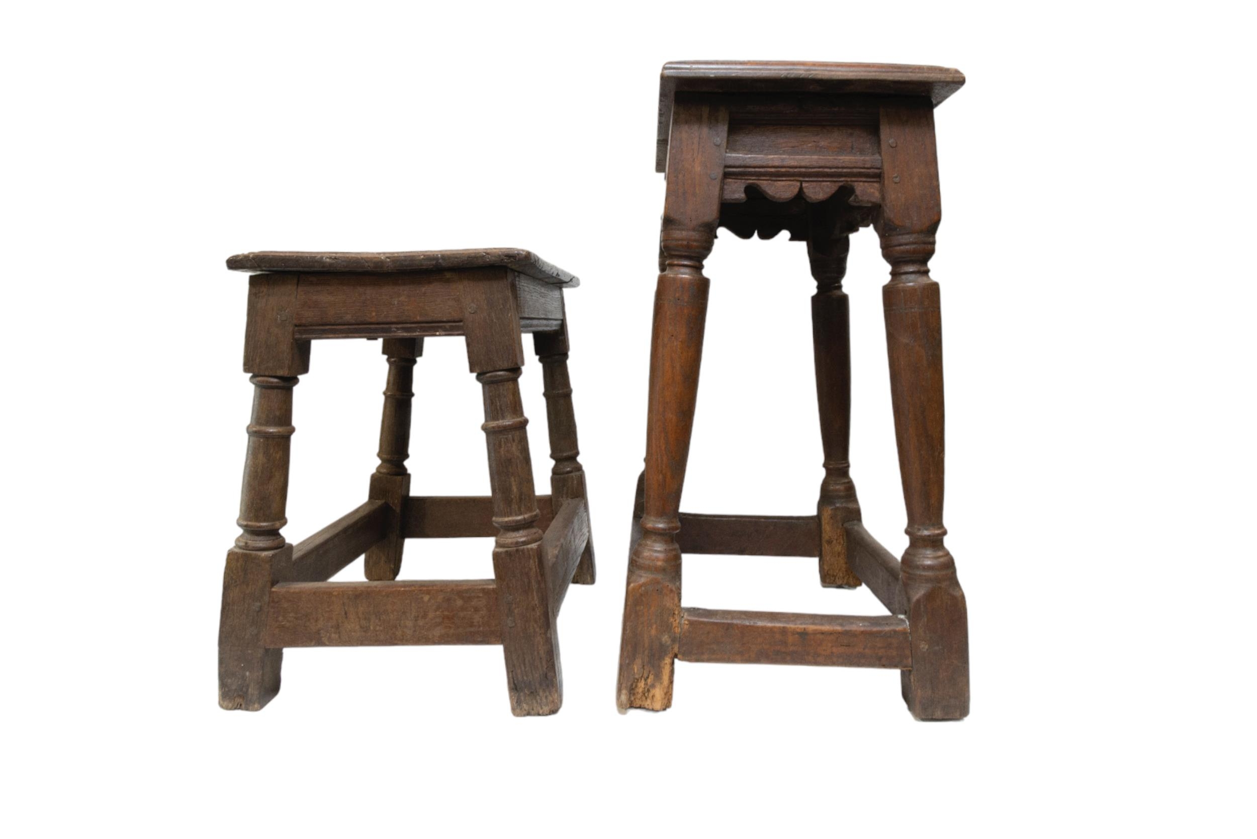 TWO OAK JOINT STOOLS, 18TH CENTURY, both with moulded seat panels raised on ring turned legs - Image 2 of 2