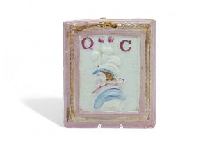 A PINK LUSTRE PLAQUE FOR QUEEN CAROLINE Circa 1820, a bust portrait marked 'QC' within pink lustre