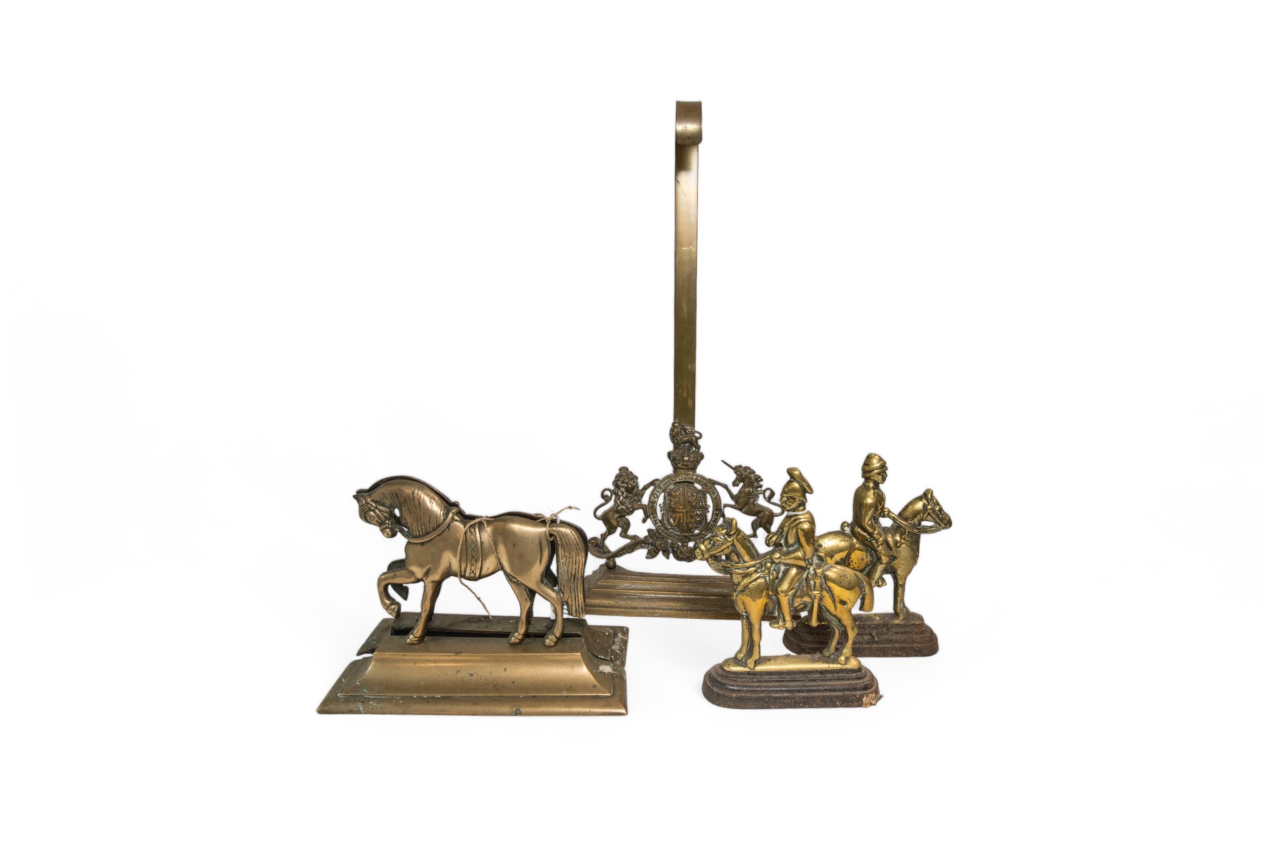 A PAIR OF VICTORIAN BRASS HORSE FIREPLACE FLATS, a pair of brass and iron flats in the form of