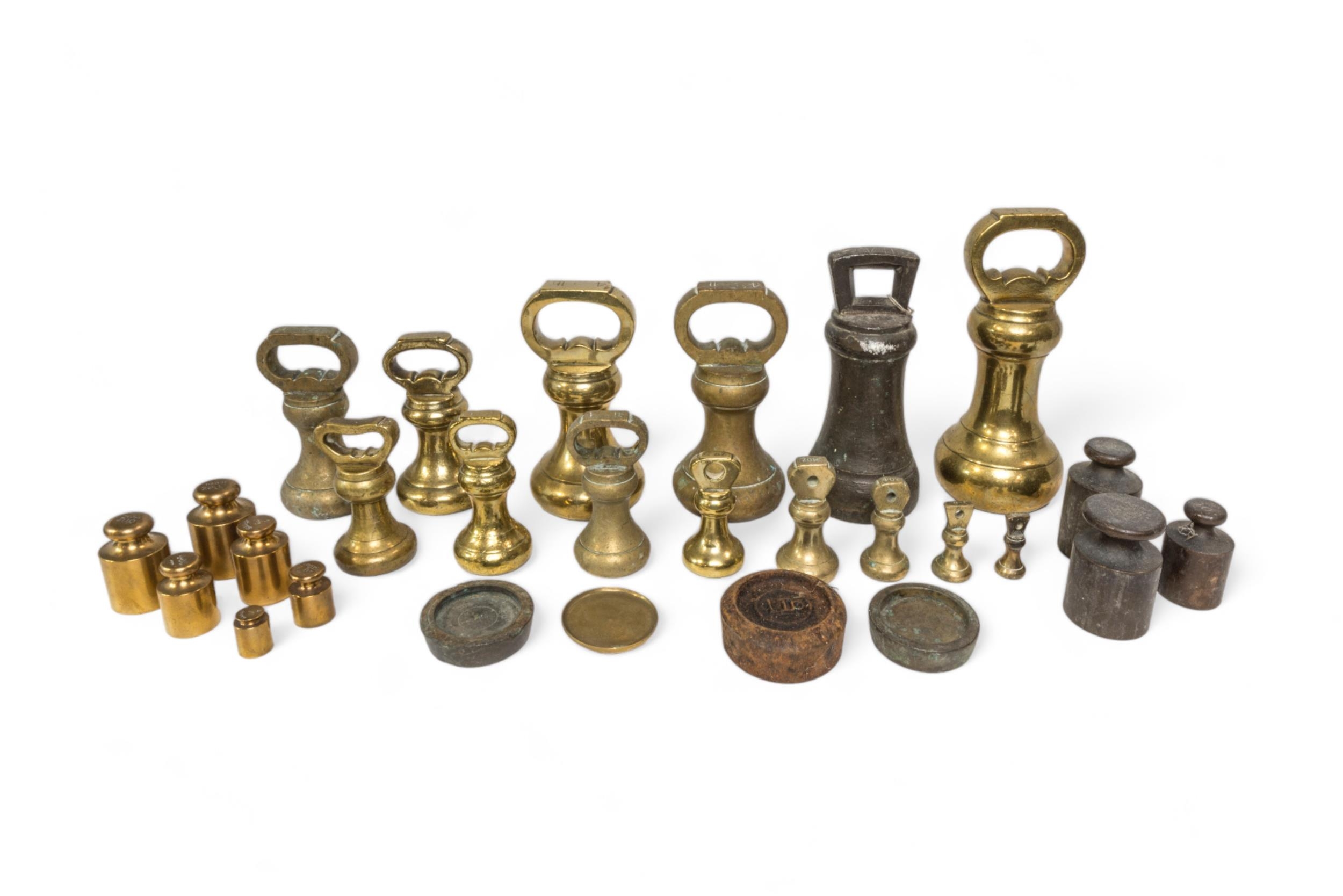A 7LB BRASS BELL WEIGHT, other assorted bell weights of various dates and other weights. A lot