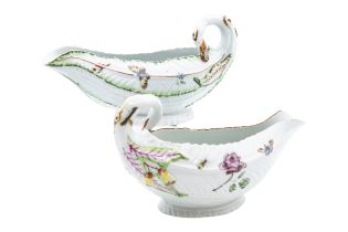 TWO WORCESTER LEAF SHAPED SAUCE BOATS Circa 1755, 18cms