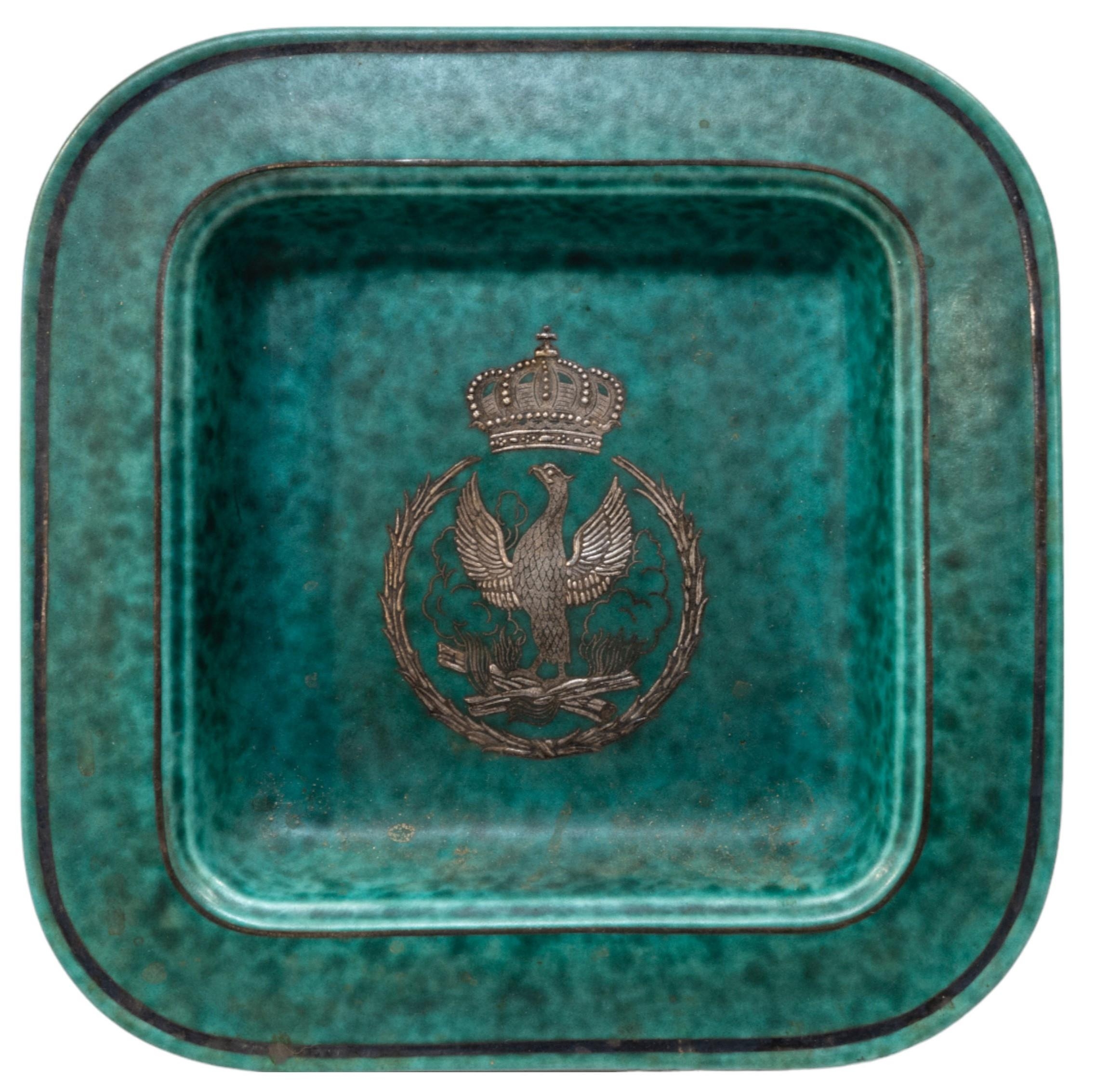 A GUSTAVSBERG 'ARGENTA' SQUARE FORM DISH, CIRCA 1950, green mottled glaze with silver overlaid