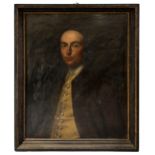 AN 18TH CENTURY PORTRAIT OIL PAINTING ON CANVAS, depicting a gentleman in jacket and embroidered