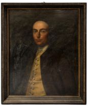 AN 18TH CENTURY PORTRAIT OIL PAINTING ON CANVAS, depicting a gentleman in jacket and embroidered