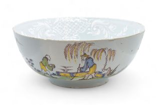 AN 18TH CENTURY PUNCH BOWL, DATED 1758 With Chinoiserie landscape and Bianco sopra Bianco decoration