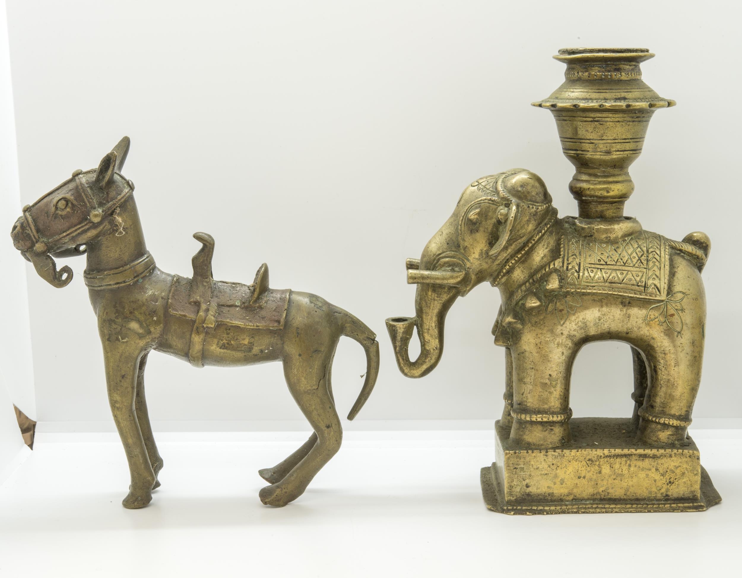 AN INDIAN COPPER ALLOY ELEPHANT ‘CANDLESTICK’, a horse, a wheel-along-fish, an oil lamp, and other - Image 2 of 5