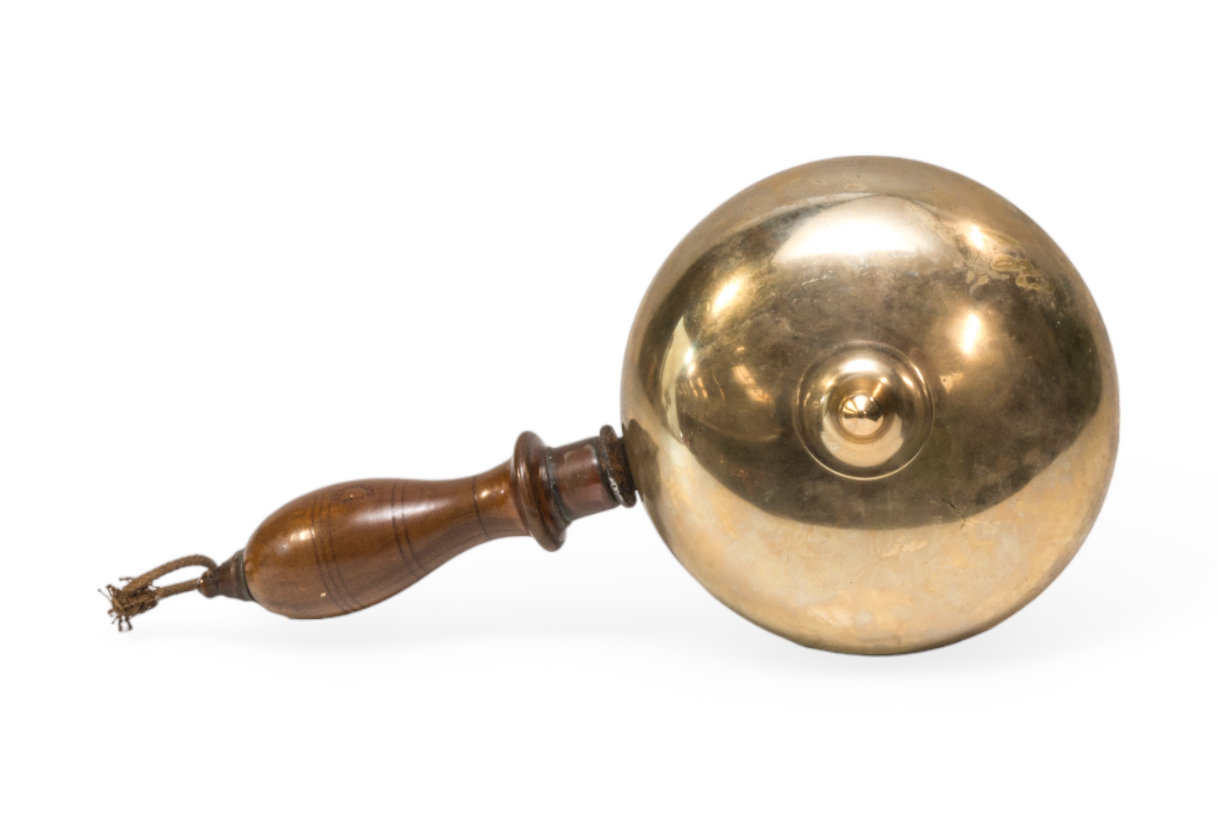 A VICTORIAN DOUBLE SIDED HAND BELL WITH WOODEN HANDLE, A SCHOOL BELL AND A SHOP COUNTER BELL ( - Image 3 of 4