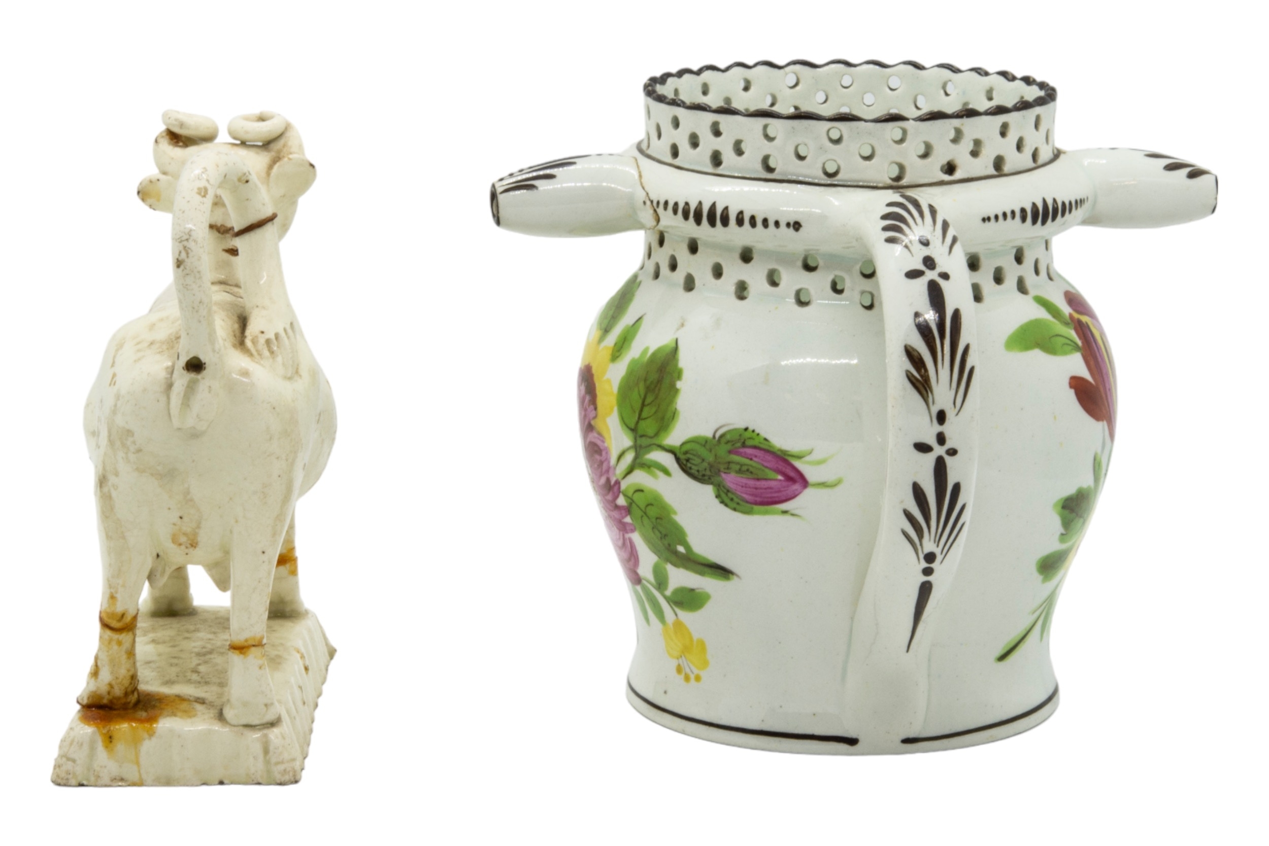 A WILLIAM FIFEILD BRISTOL PUZZLE JUG Circa 1830, together with creamware cow creamer, 12cms high - Image 4 of 4