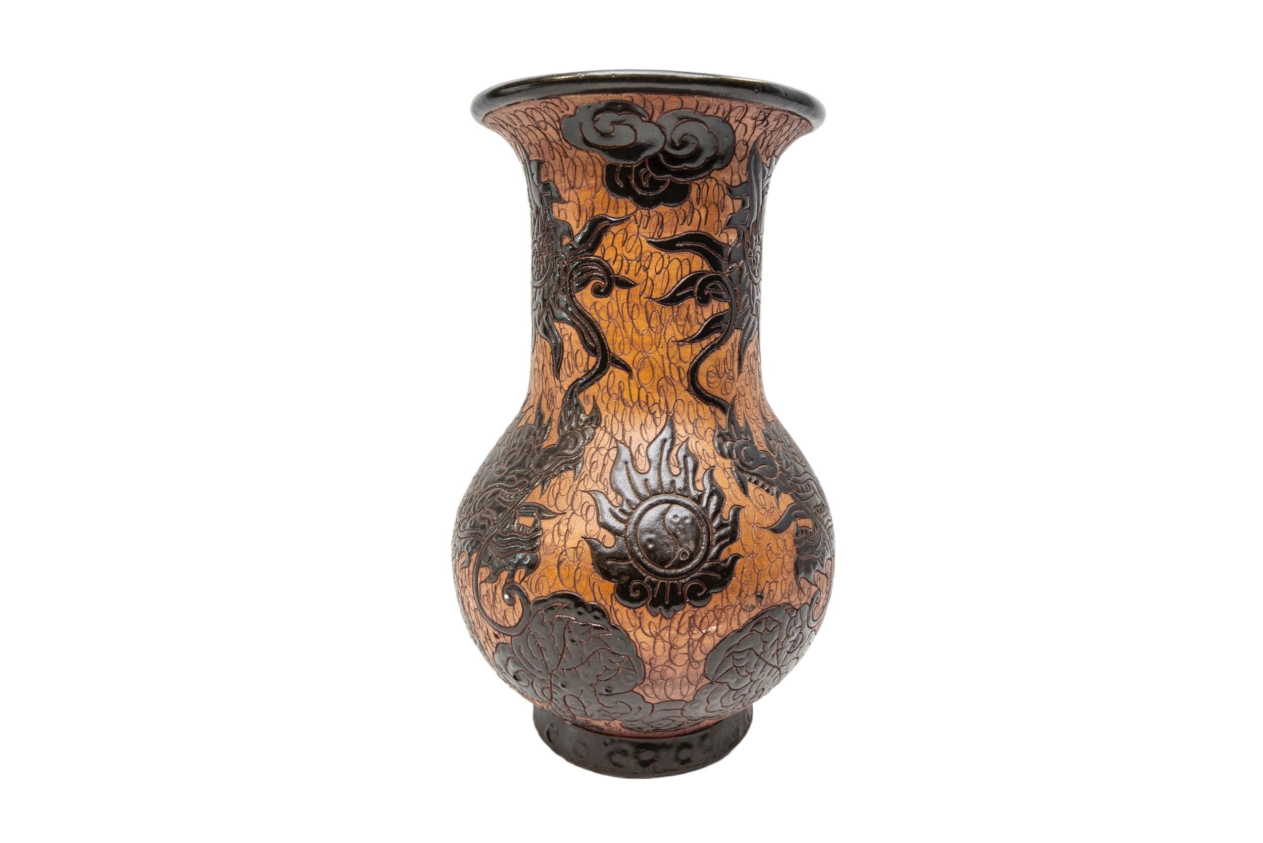 A VINTAGE DONA SAIGON EARTHENWARE VASE, CIRCA 1960, the sides decorated with coiled scaly dragons on - Image 2 of 2