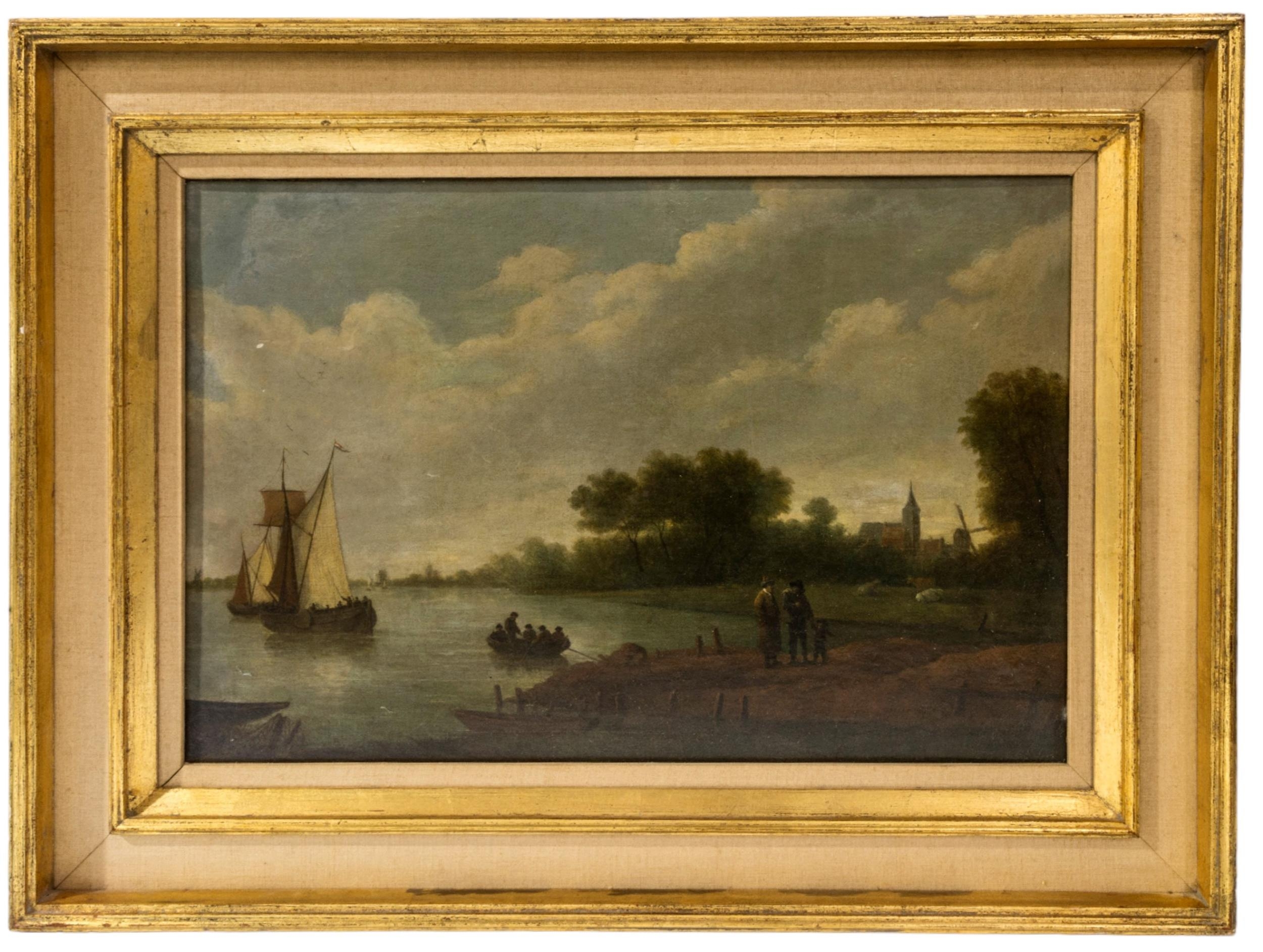 DUTCH SCHOOL, 19TH CENTURY RIVER SCENE OIL PAINTING ON CANVAS, depicting figures on a river bank