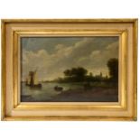 DUTCH SCHOOL, 19TH CENTURY RIVER SCENE OIL PAINTING ON CANVAS, depicting figures on a river bank