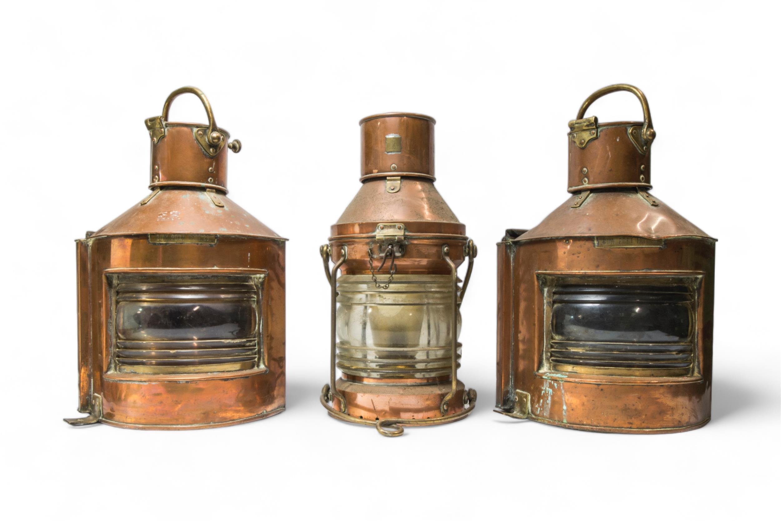 TWO MATCHING COPPER AND BRASS BOAT LANTERNS with plaques for ‘Bow Port Patt 23’ and makers stamped - Image 3 of 3