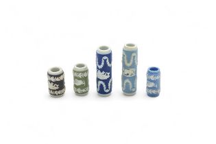 FIVE WEDGWOOD JASPER OBJECTS Late 18th / early 19th century, tallest is 4.5cms high