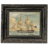A 19TH CENTURY MARITIME OIL PAINTING ON CANVAS, depicting a full rigged British tall ship sailing