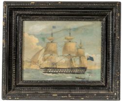 A 19TH CENTURY MARITIME OIL PAINTING ON CANVAS, depicting a full rigged British tall ship sailing