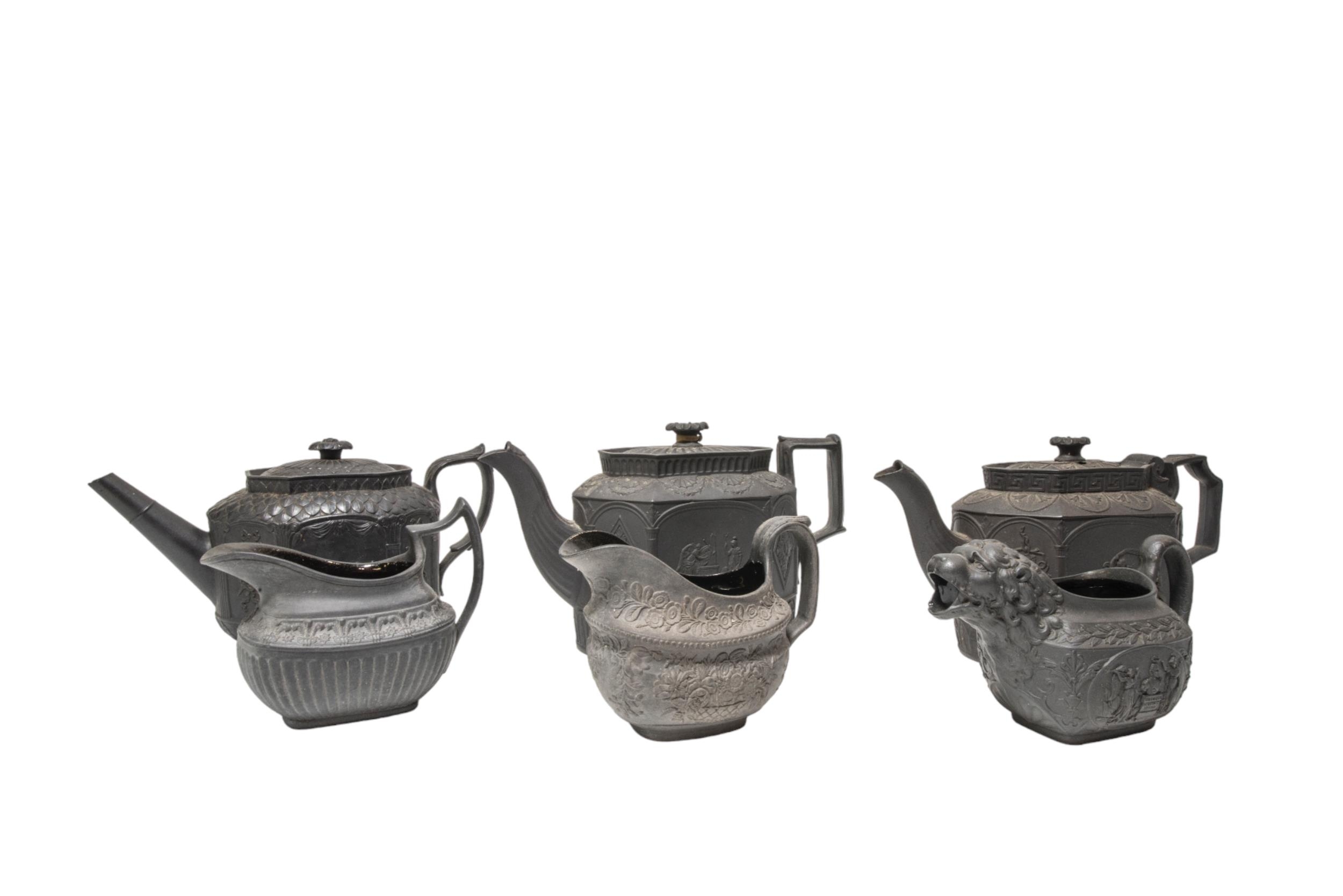A COLLECTION OF BLACK BASALT WARE, MID 19TH CENTURY AND LATER, the lot includes three octagonal - Image 2 of 19