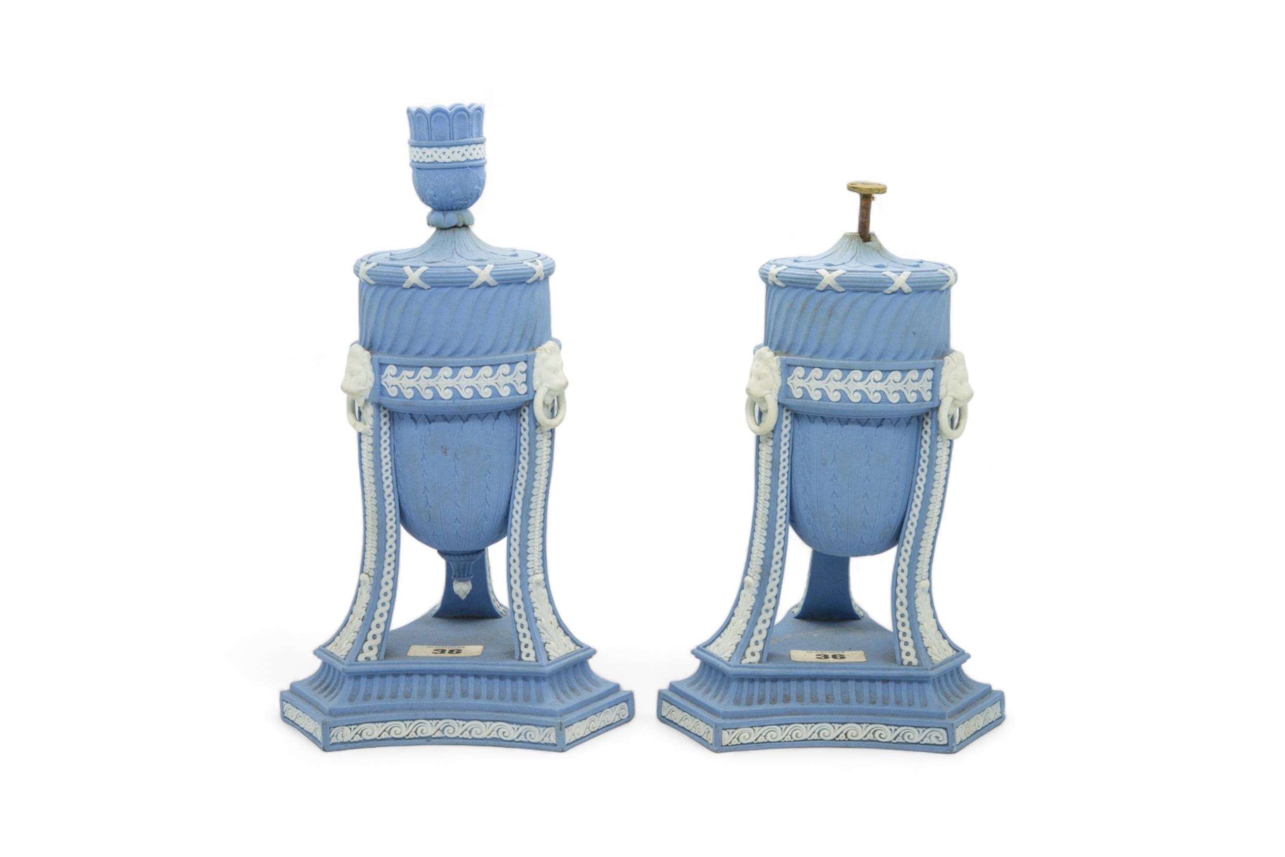 A PAIR OF WEDGWOOD JASPER CASSOLETTE Late 18th century, together with the base of a cassolette and - Image 2 of 6