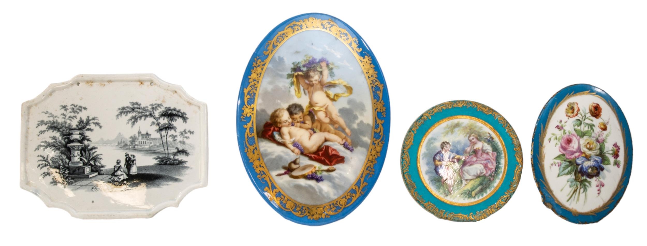 THREE CONTINENTAL SEVRES STYLE PORCELAIN PLAQUES, 19TH CENTURY, oval and circular form, the