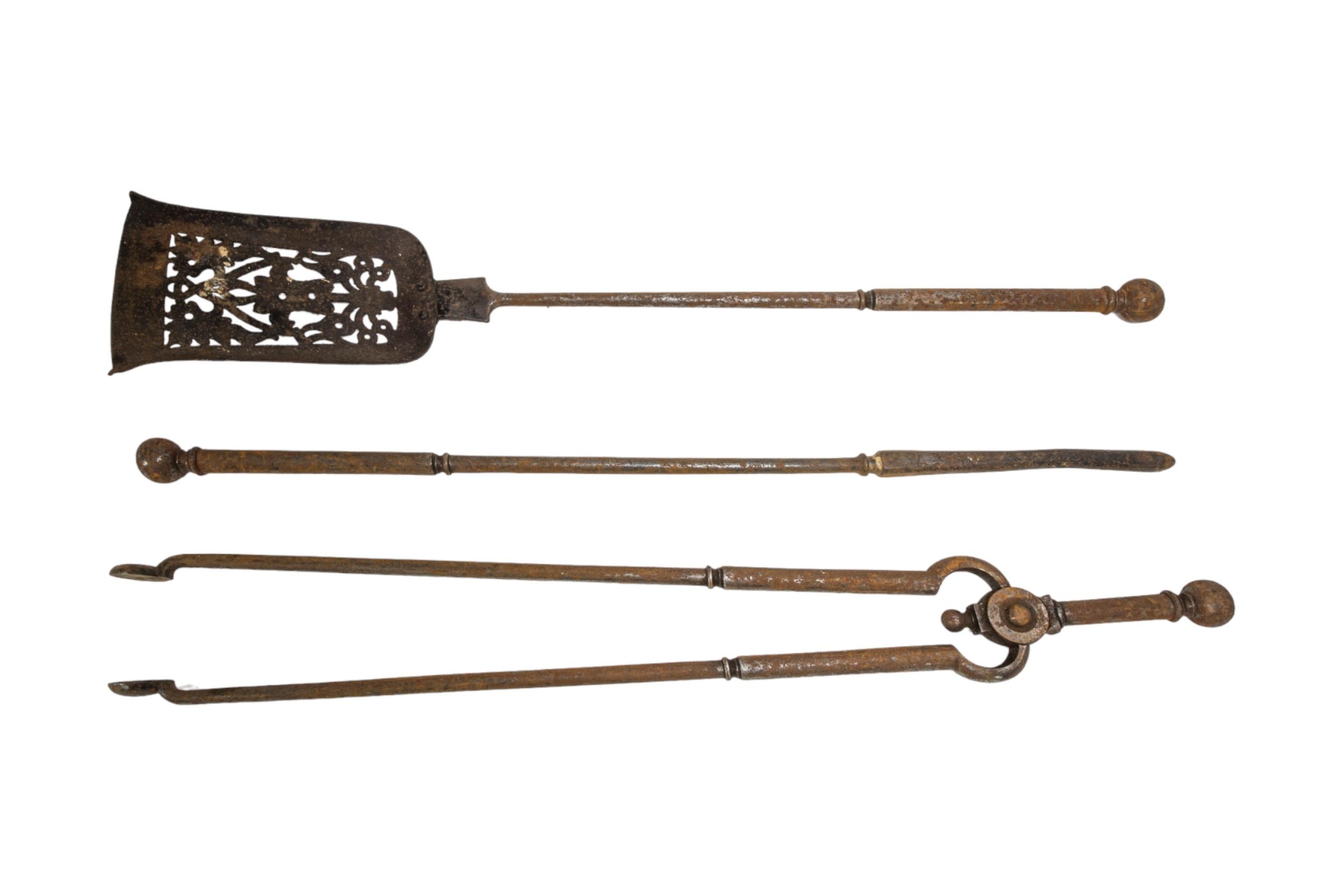 A SET OF 19TH CENTURY BRASS FIRE IRONS, two other sets and two steel sets. - Image 4 of 6