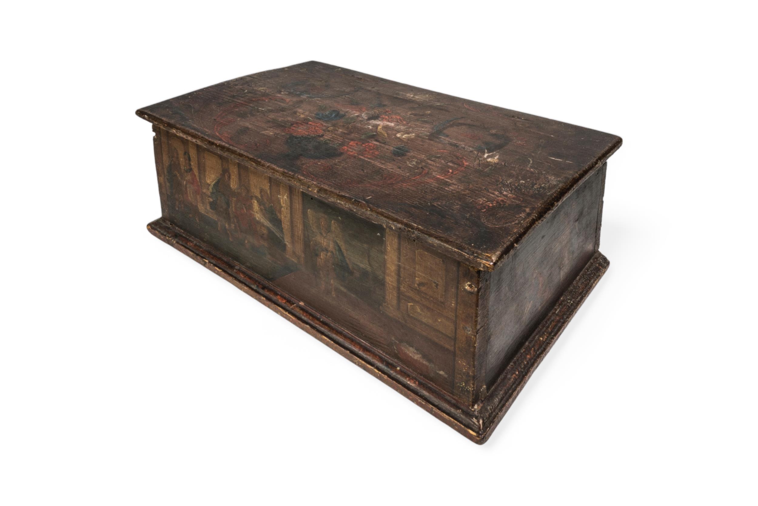 A CONTINENTAL PINE BOX, probably late 18th century, the side panels painted with three biblical - Image 3 of 5