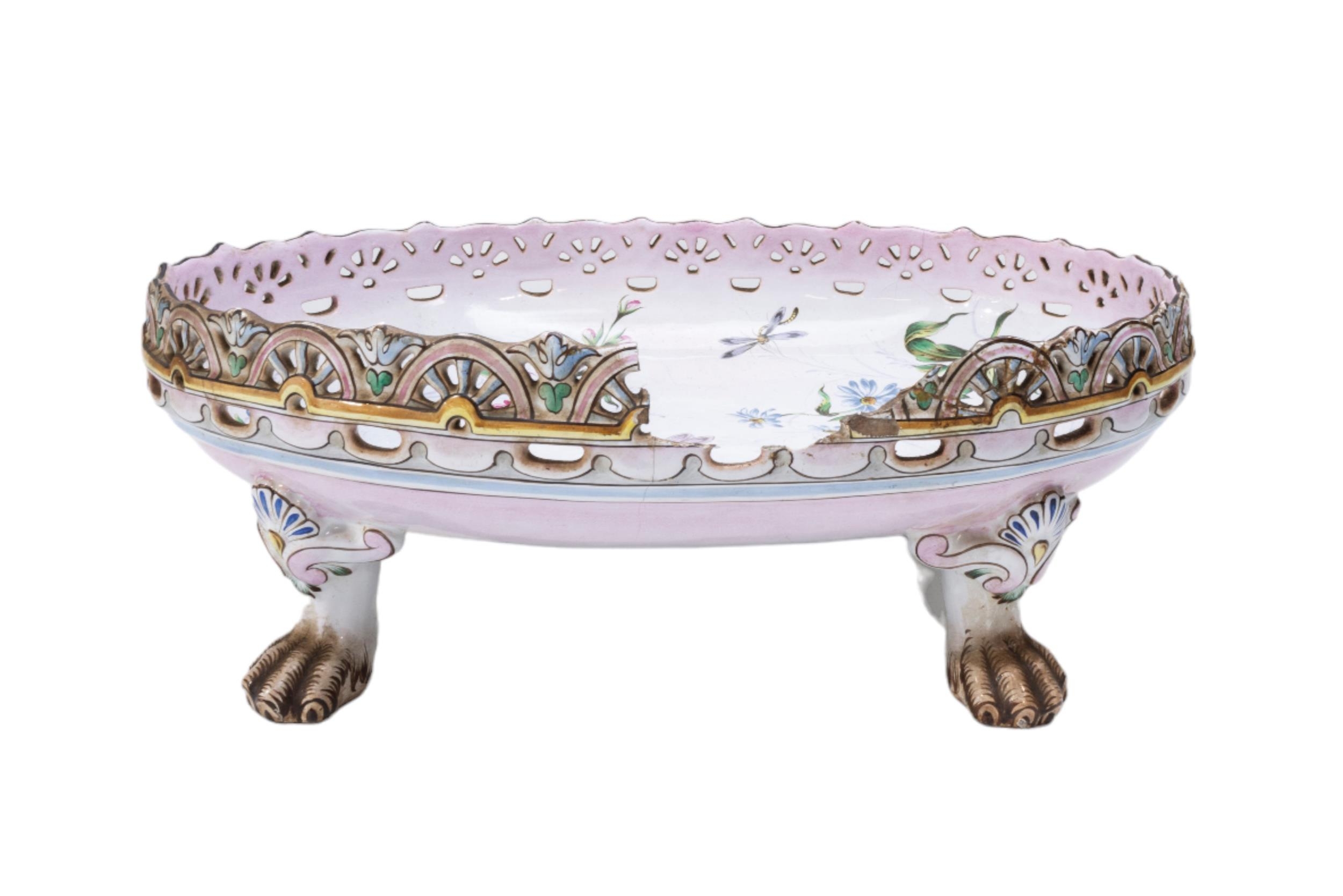 A FRENCH FAIENCE CARTOUCHE FORM DISH, 18TH CENTURY, painted with a fishing scene, along with a large - Image 3 of 5