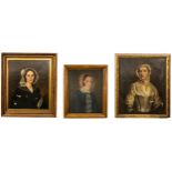 A GROUP OF THREE 19TH CENTURY PORTRAIT OIL PAINTINGS, depicting three ladies wearing bonnets, the