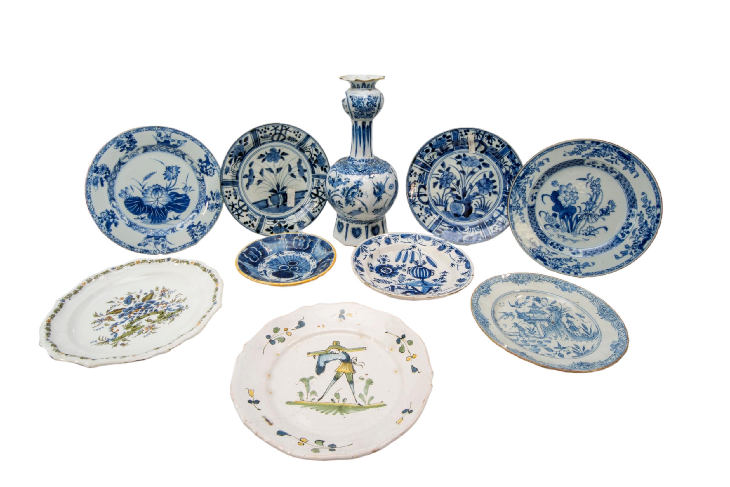 A MIXED GROUP OF NINE DELFT DISHES AND A BOTTLE VASE, 18TH CENTURY AND LATER, the dishes include two - Image 2 of 2