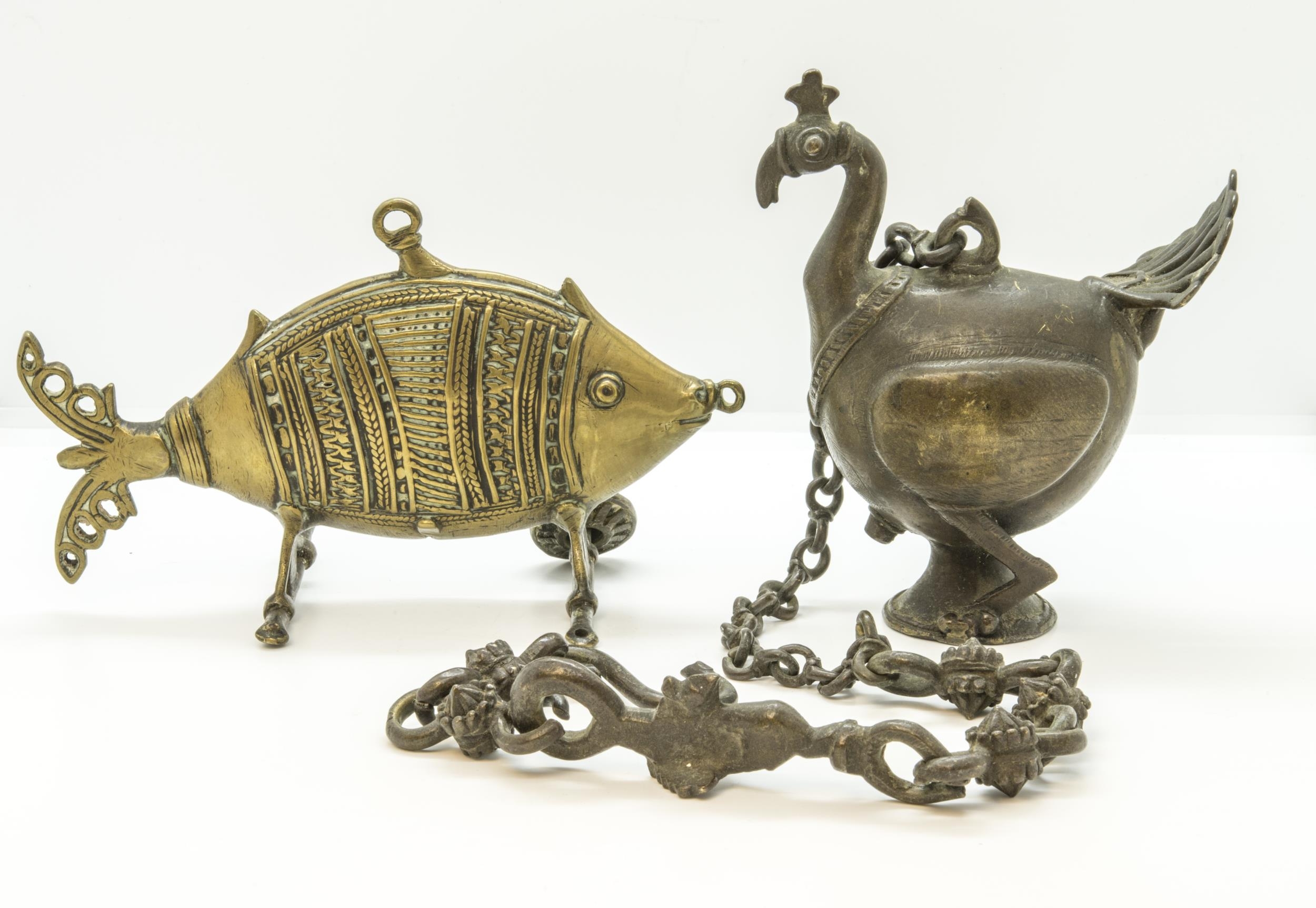 AN INDIAN COPPER ALLOY ELEPHANT ‘CANDLESTICK’, a horse, a wheel-along-fish, an oil lamp, and other - Image 4 of 5