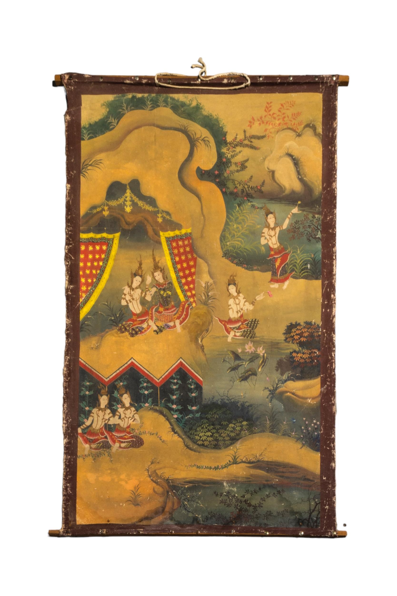 A THAI/BURMESE SCROLL DEPICTING DANCING WOMEN IN A LANDSCAPE, a Japanese scroll depicting devils - Image 5 of 5