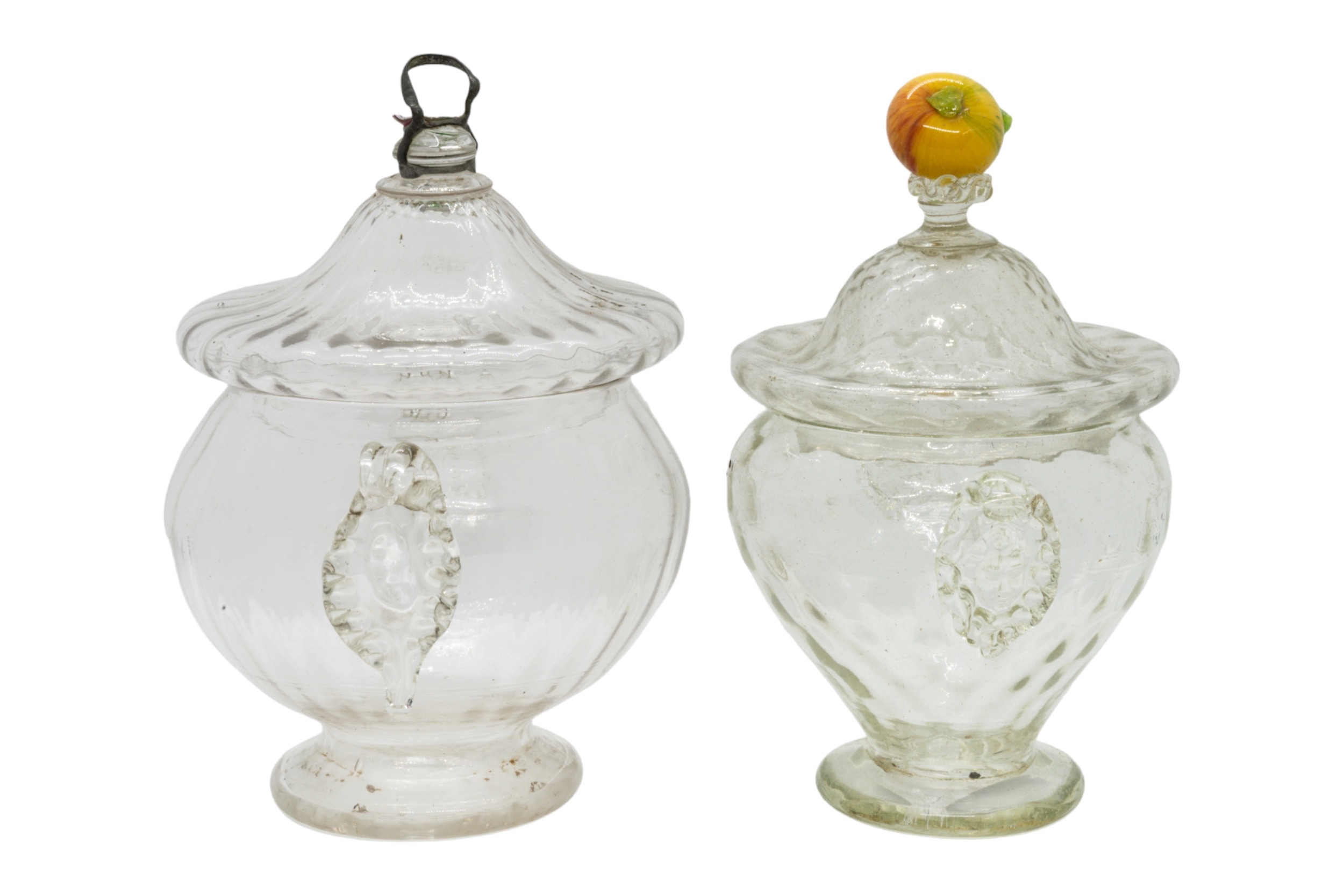 TWO VENETIAN GLASS JARS 18th/19th century, one with fruit finial, the other final broken off, - Image 2 of 2