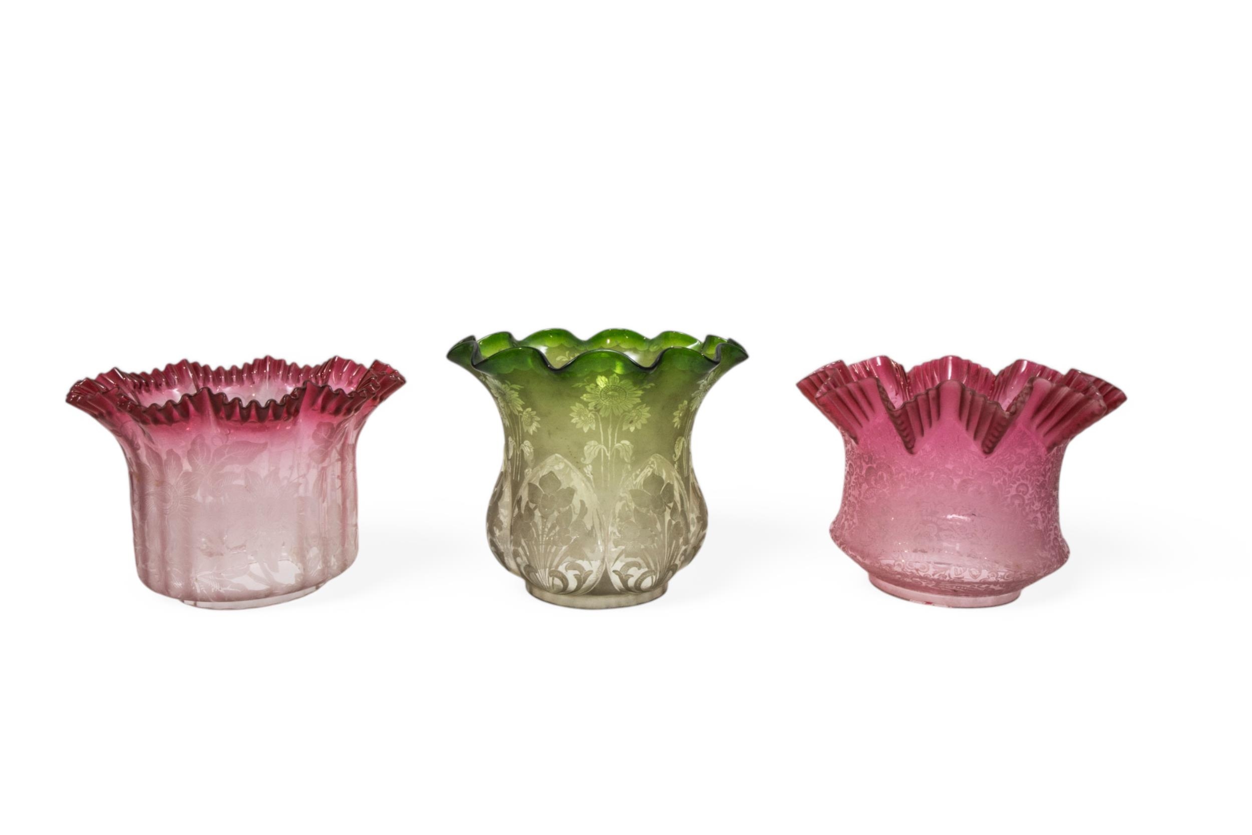 A MIXED GROUP OF 19TH CENTURY OIL LAMP SHADES, consisting of some cranberry tinged and green - Image 5 of 6