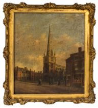 A VICTORIAN STREET SCENE OIL PAINTING ON CANVAS, depicting a couple stood outside a church, unsigned