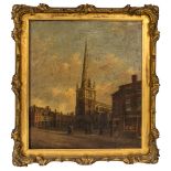 A VICTORIAN STREET SCENE OIL PAINTING ON CANVAS, depicting a couple stood outside a church, unsigned