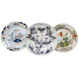 A GROUP OF THREE DUTCH DELFT POLYCHROME DISHES, 18TH CENTURY, the includes two with floral painted