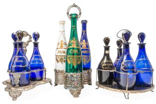 A TRIO OF BRISTOL BLUE DECANTERS AND A MATCHED QUARTET OF BRISTOL BLUE DECANTERS, EARLY 19TH