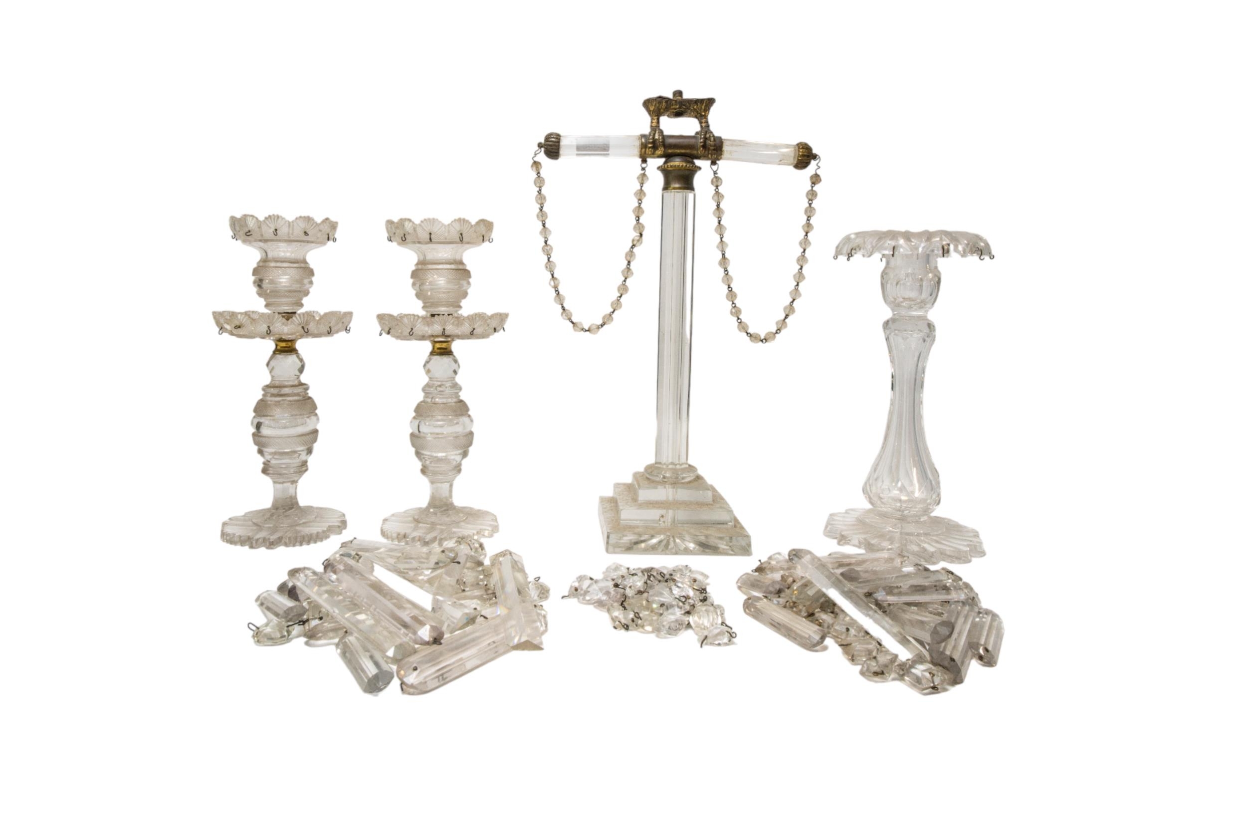 FOUR PAIRS OF 19TH CENTURY CUT GLASS LUSTRES, along with a faceted glass 'perch' stand and another - Image 2 of 2