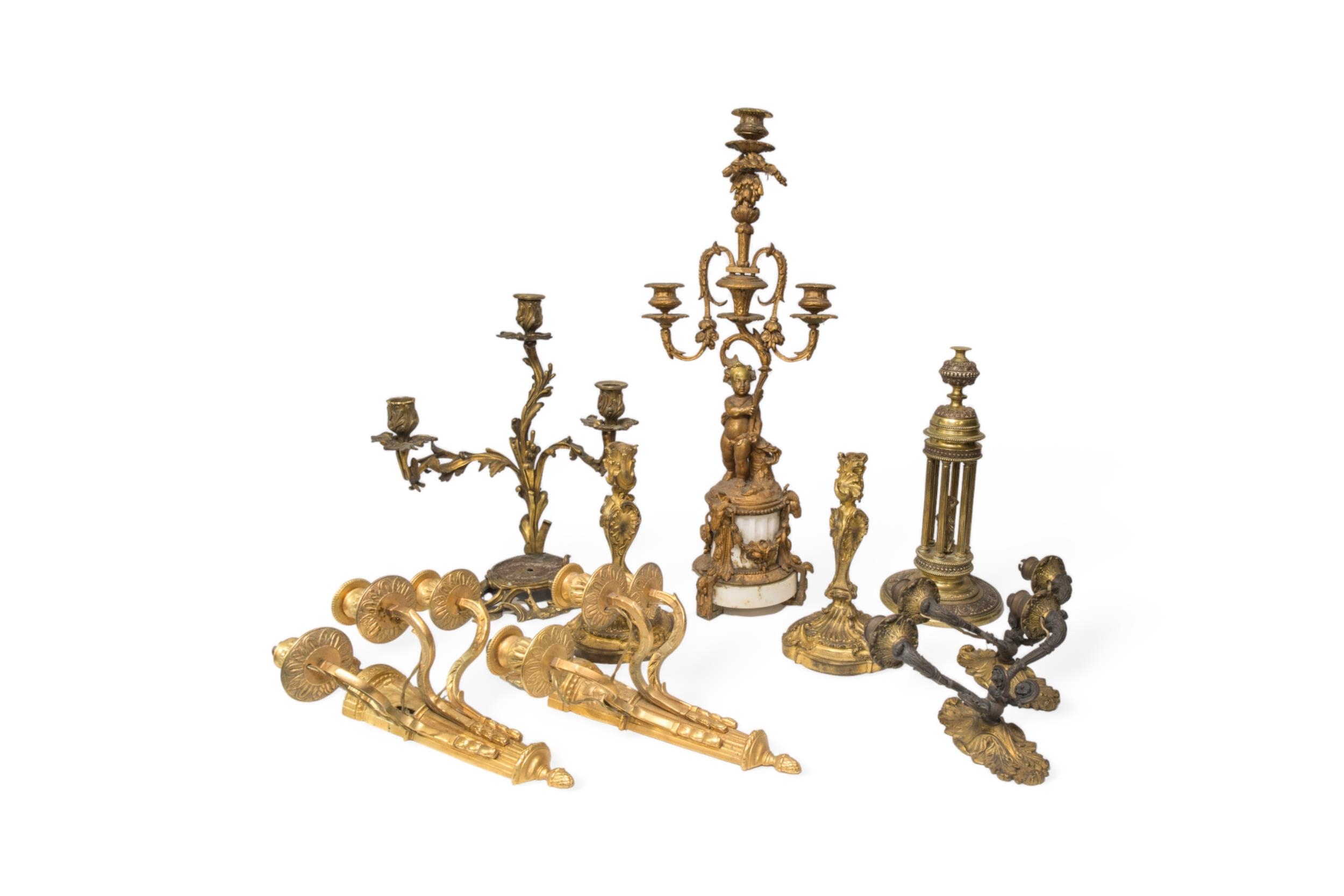 A PAIR OF GEORGIAN STYLE GILT BRASS WALL LIGHT SCONCES, a pair of French Empire style sconces, ( - Image 3 of 10