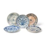 THREE DELFT CHARGERS 18th Century, and a faience charger, 36cms wide