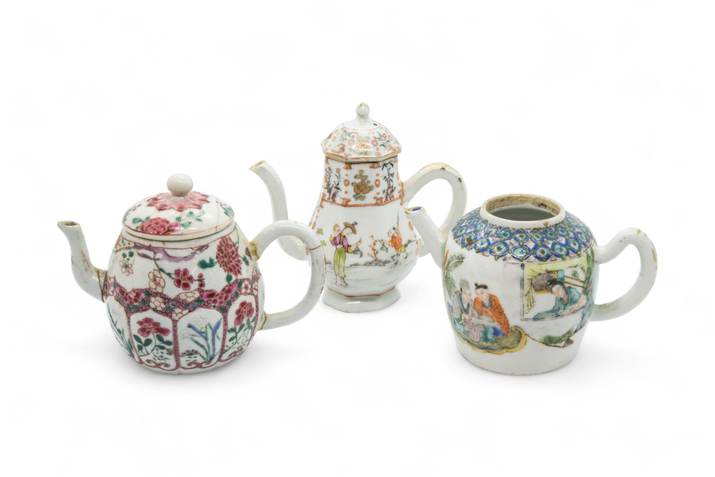 A GROUP OF THREE CHINESE PORCELAIN WINE POTS YONGZHENG / QIANLONG PERIOD 10cm - 12cm high approx.