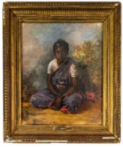 A PORTRAIT OIL PAINTING ON CANVAS, LATE 19TH / EARLY 20TH CENTURY, depicting an Indian girl sat