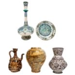 A PERSIAN / NEAR EASTERN BALUSTER VASE AND TIN GLAZED EWER, the baluster vase with traditional rural