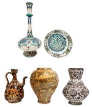 A PERSIAN / NEAR EASTERN BALUSTER VASE AND TIN GLAZED EWER, the baluster vase with traditional rural