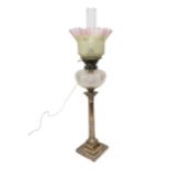 A SILVER CORINTHIAN COLUMN OIL LAMP with cut glass reservoir and vaseline type shade. 66