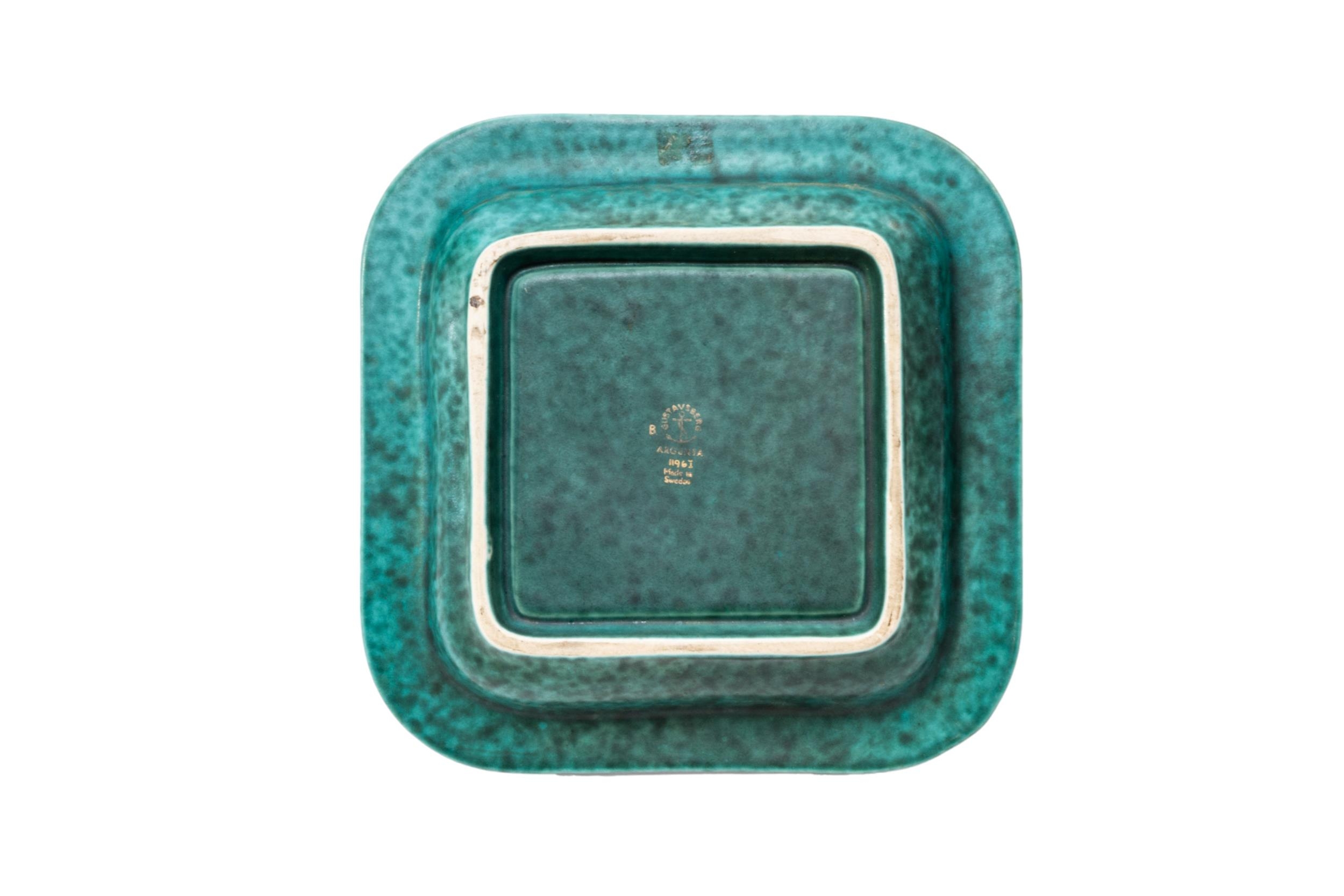 A GUSTAVSBERG 'ARGENTA' SQUARE FORM DISH, CIRCA 1950, green mottled glaze with silver overlaid - Image 2 of 2