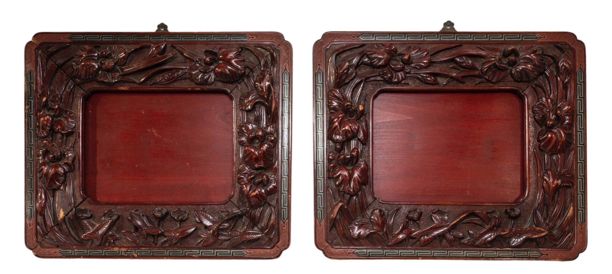 A PAIR OF CHINESE PICTURE FRAMES, 19TH CENTURY, rectangular form, carved in relief with flowering
