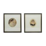 A PAIR OF 19TH CENTURY PORTRAIT WATERCOLOURS, depicting young ladies in elegant gowns, in oval