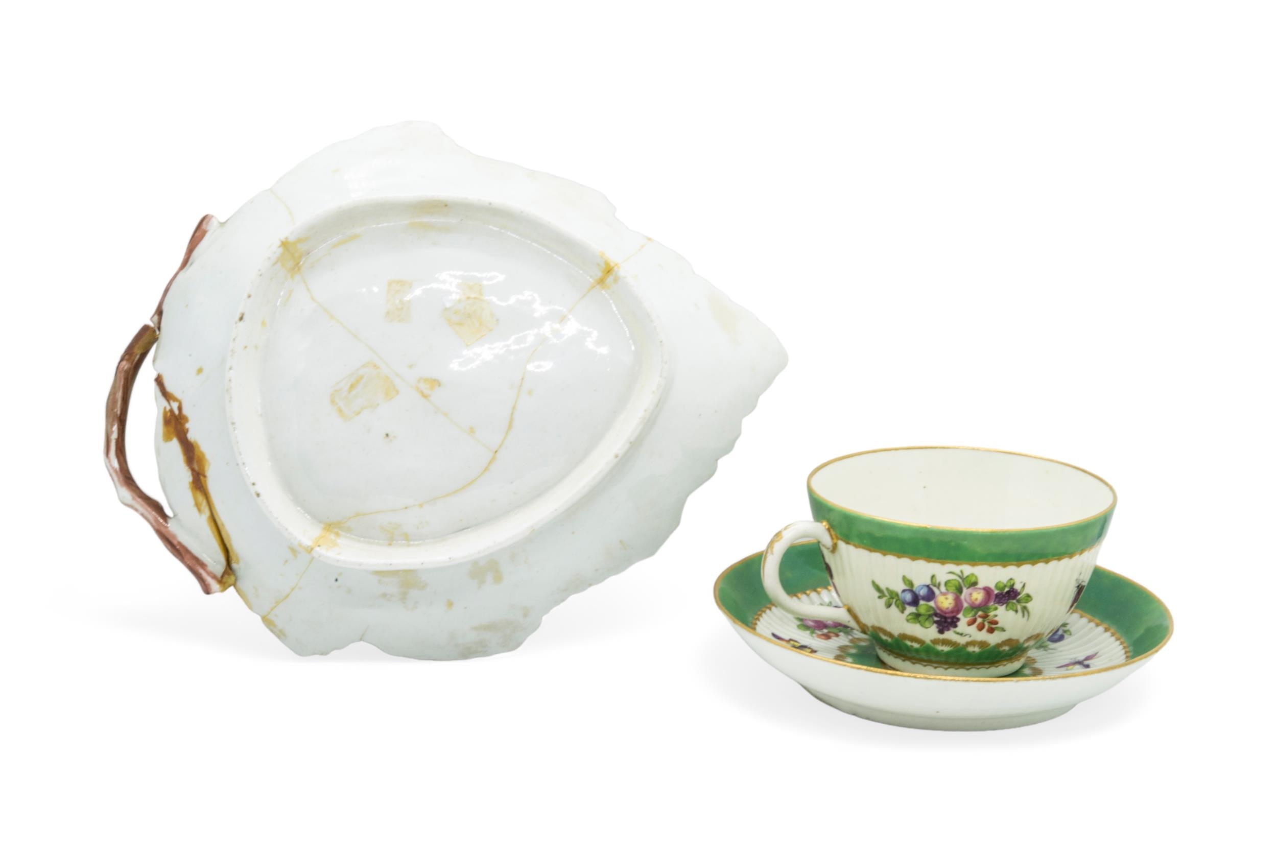 A WORCESTER 'SPOTTED FRUIT' CUP AND SAUCER Circa 1770 with apple green ground, together with a - Image 2 of 2