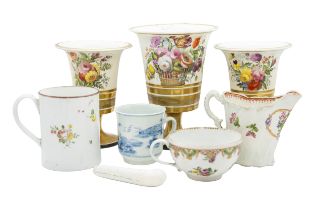 A GARNITURE OF FLORAL PAINTED VASES Together with a group of other items including a Bristol tankard