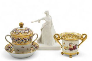 A DERBY NEOCLASSICAL CABINET CUP Circa 1820, together with a chocolate cup and saucer and a bisque