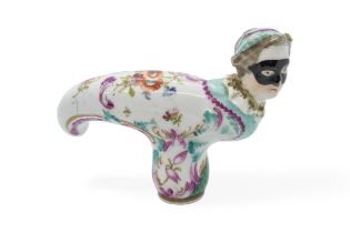 A 19TH CENTURY CANE HANDLE, POSSIBLY MEISSEN of masked female form, 11cms